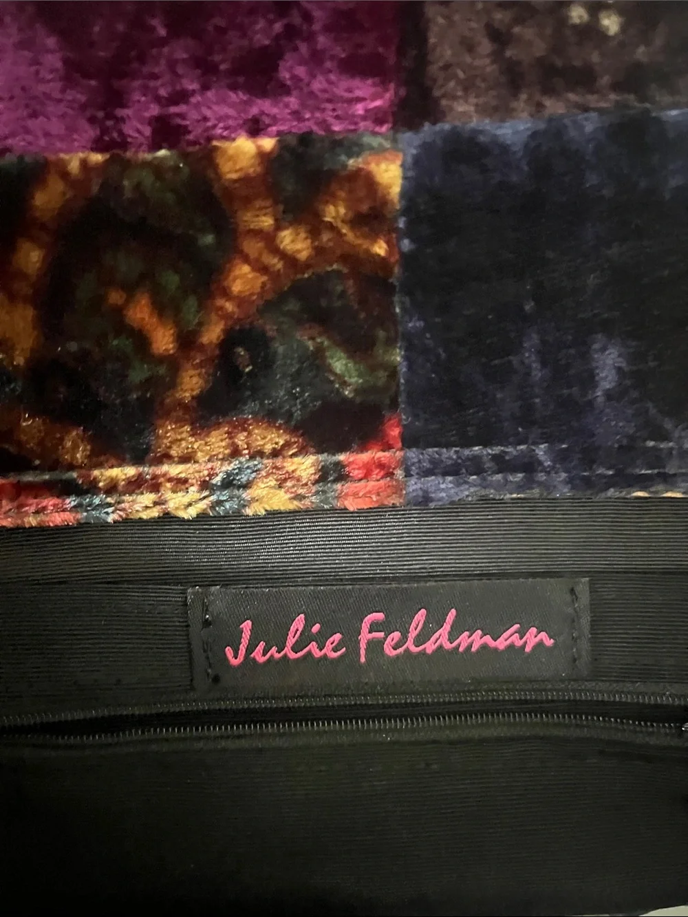 Julie Feldman Patchwork Velvet Tote with Crocodile Red Handles